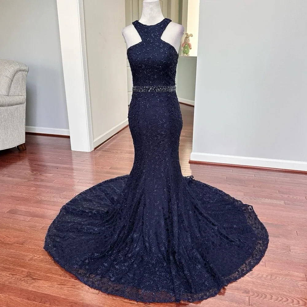 Jovani | Dresses | Jovani Luxury 0 Silk Navy Blue Beaded Embellished Mermaid  Lace Gown Dress | Poshmark